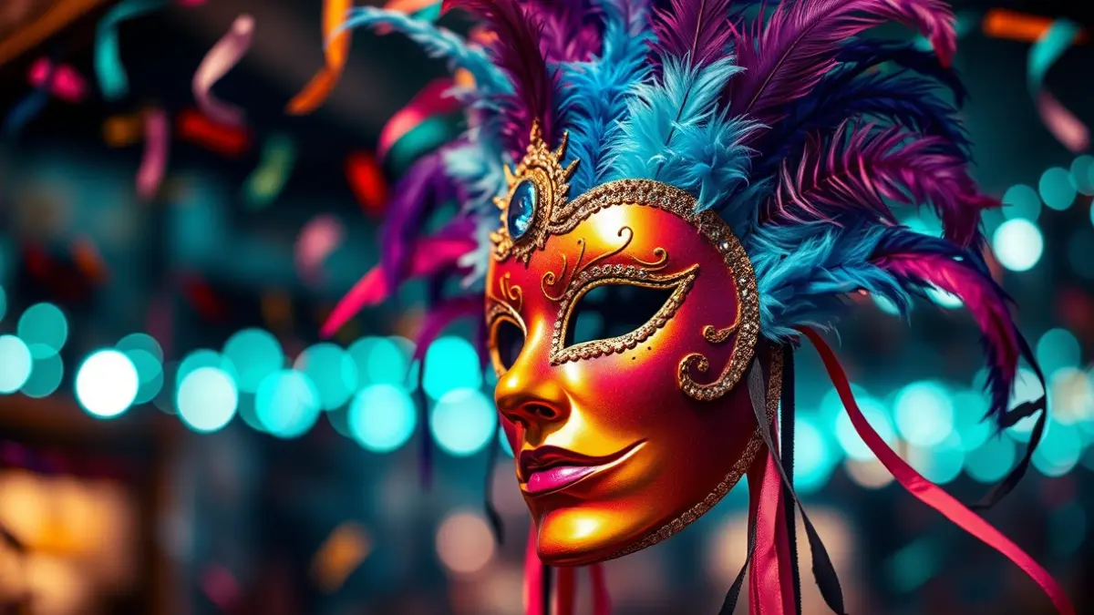 Imagen genérica de una máscara de carnaval con plumas y luces festivas de fondo.