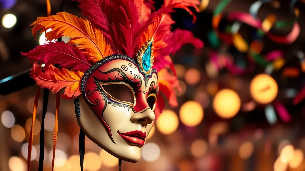 Imagen genérica de una máscara de carnaval con luces y confeti de fondo.