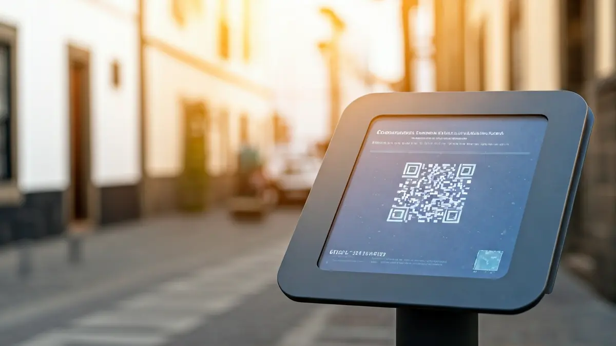 Imagen de un panel de información turística con código QR en una calle de Arrecife.