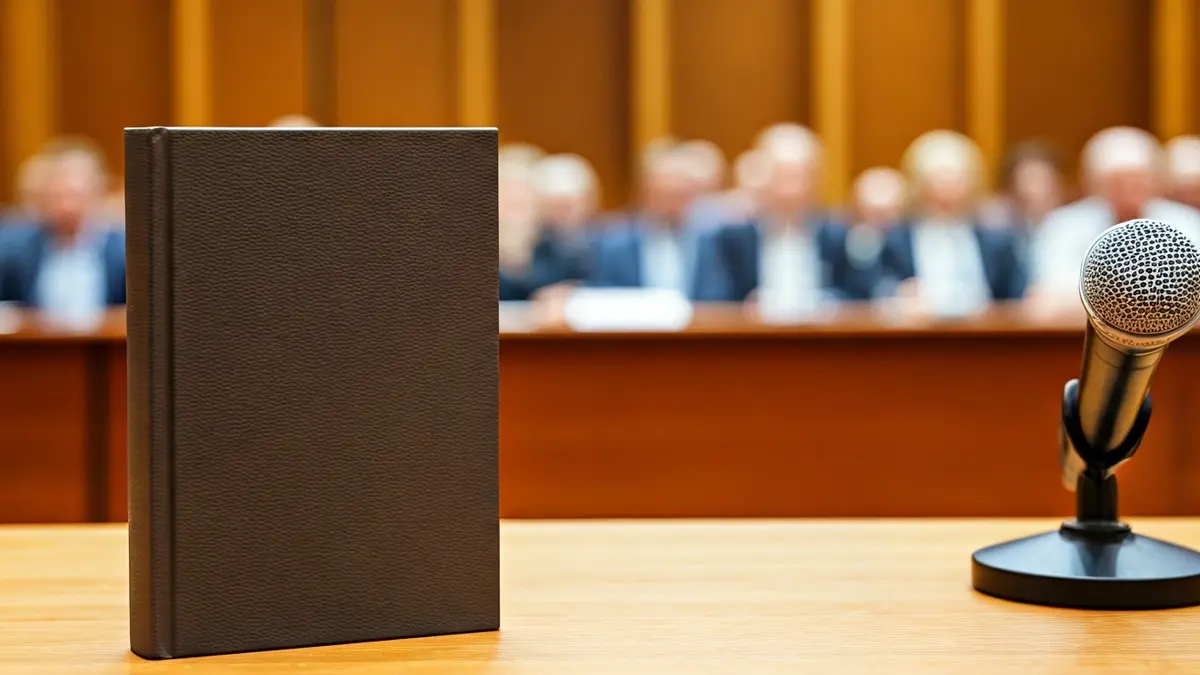 Imagen genérica de un libro sobre una mesa con un micrófono, simbolizando una presentación o un obsequio literario.