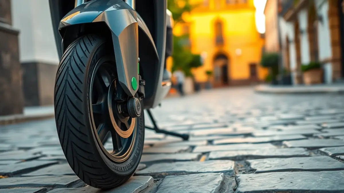 Generic image of an electric scooter wheel parked on a sidewalk.