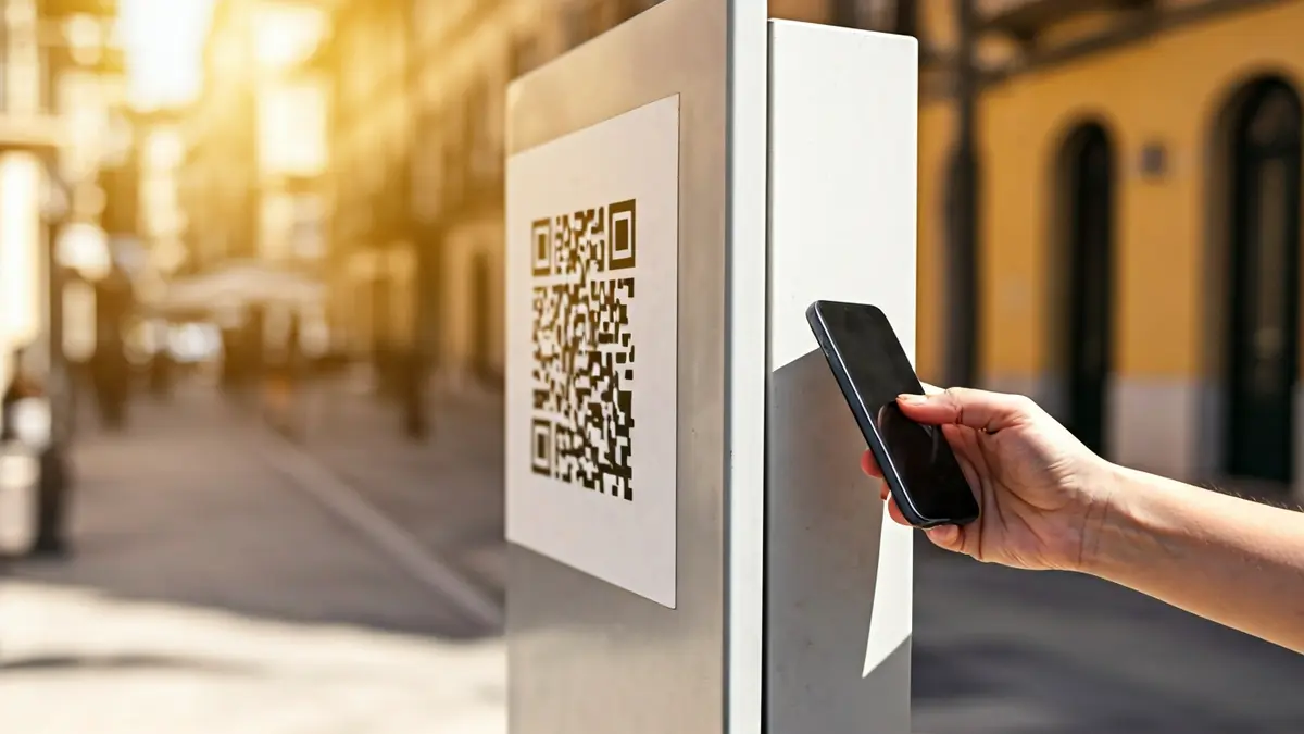 Imagen genérica de un panel turístico con código QR siendo escaneado por un móvil.