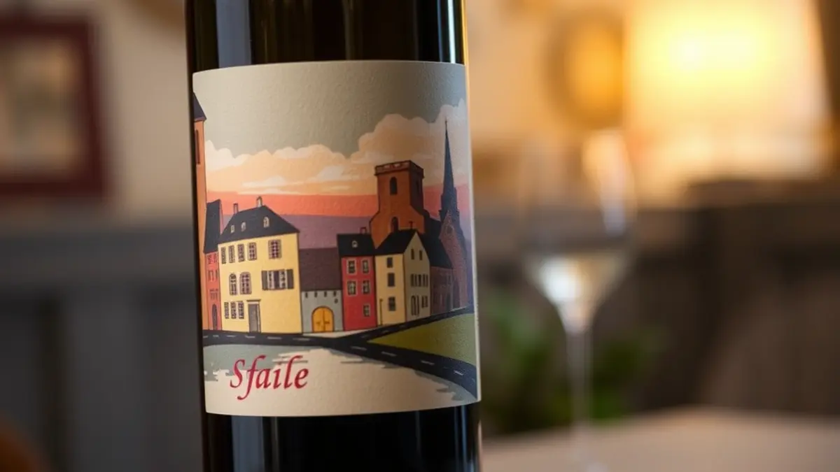 Botella de vino blanco con una etiqueta de diseño artístico que representa el casco histórico de Santa Brígida.