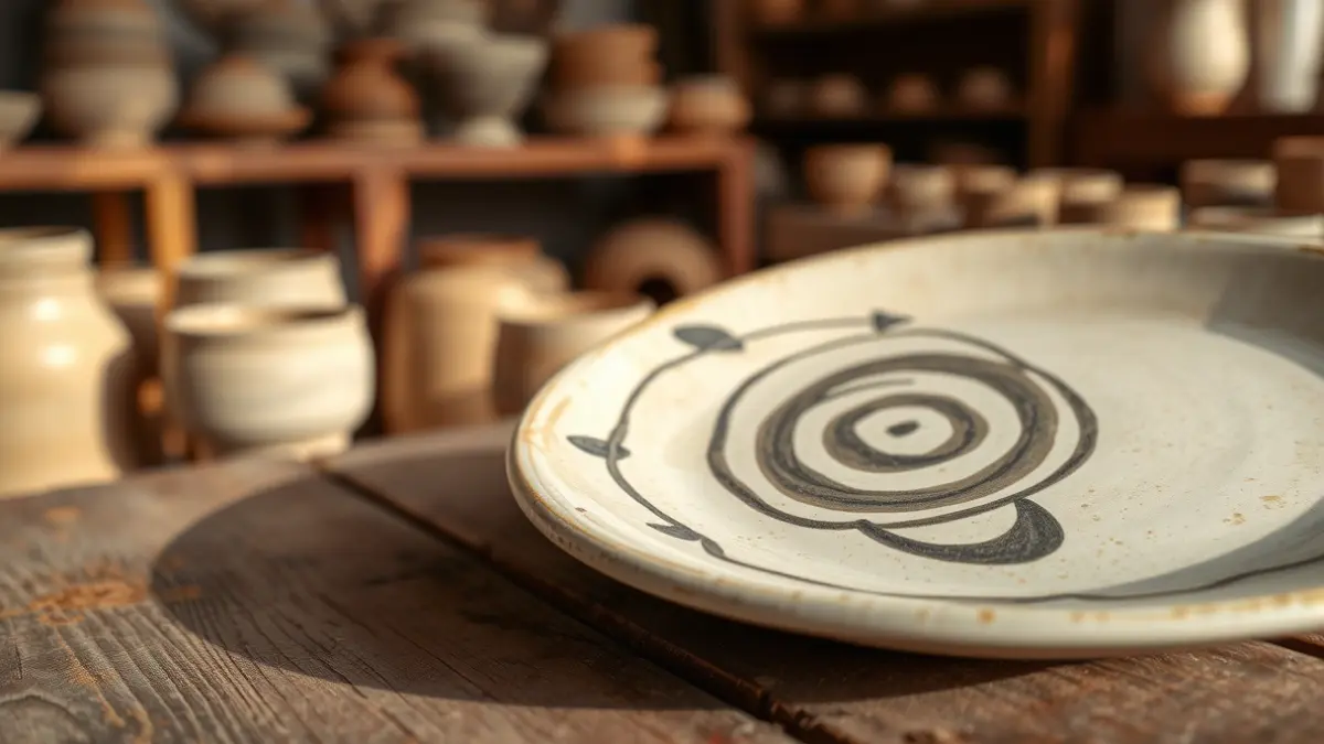 Handmade ceramic plate with a unique design on a wooden table, with a pottery workshop in the background.