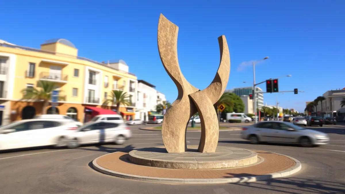 Abstract sculpture in a roundabout in Arucas, Gran Canaria, paying tribute to stone carvers.