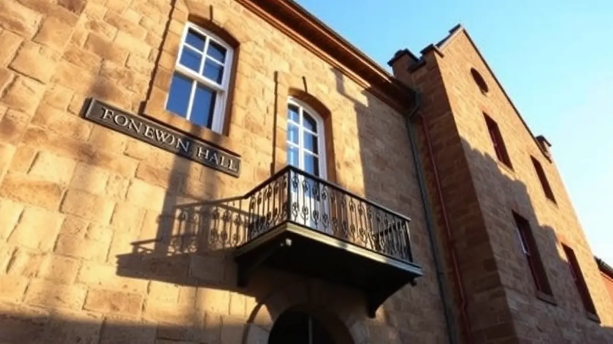Fachada de un ayuntamiento de piedra con balcón y barandillas de hierro, bajo la luz del sol de la tarde.