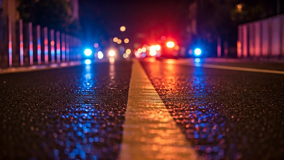 Imagen genérica de luces de emergencia reflejadas en el asfalto mojado por la noche.