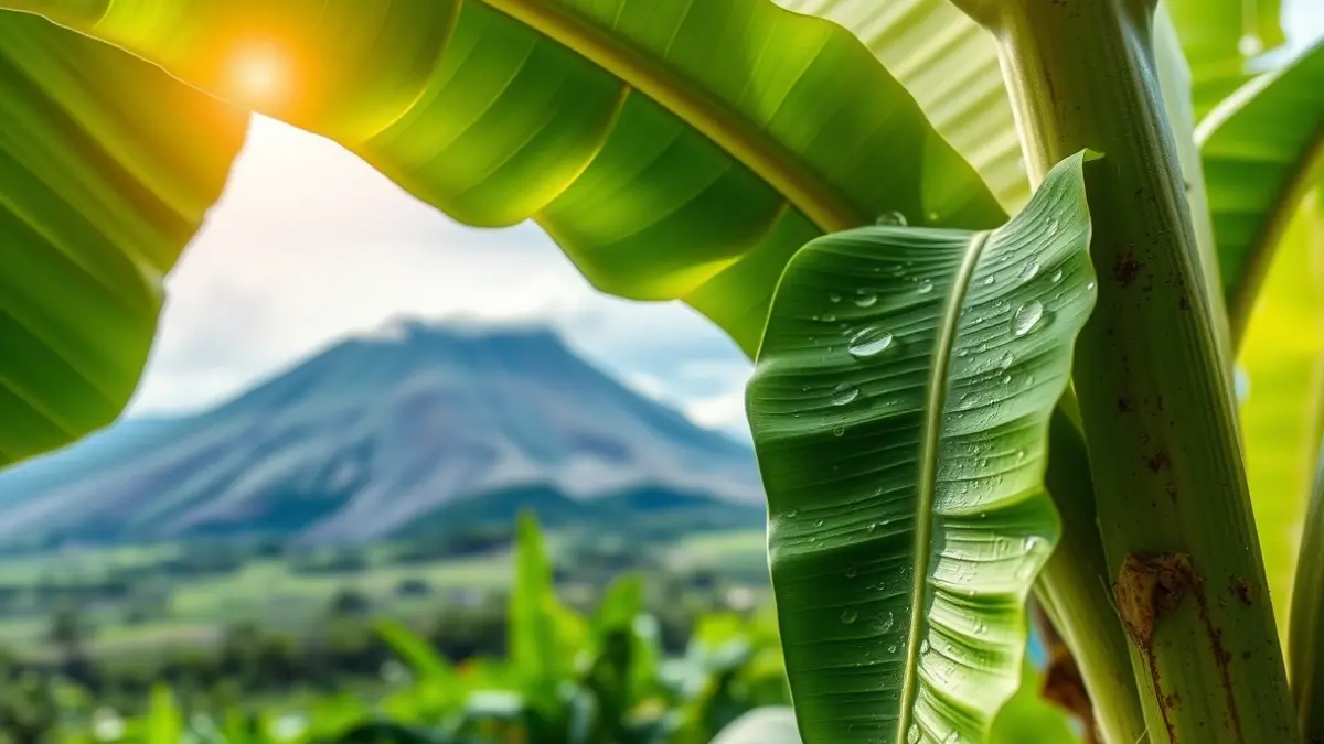 Imagen de una hoja de platanera con gotas de agua, con un paisaje volcánico difuminado al fondo.