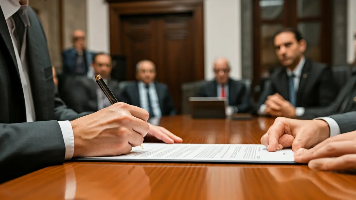 Imagen genérica de manos firmando un documento en una mesa de conferencias.