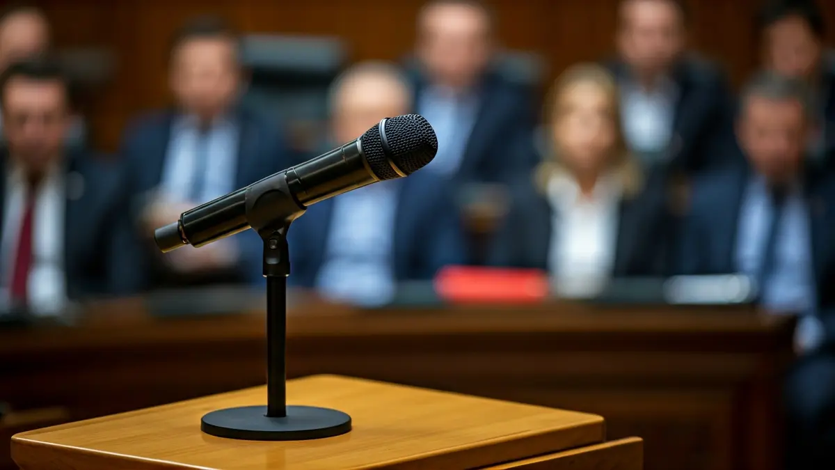 Generic image of a microphone on a parliamentary rostrum, symbolizing political debate.