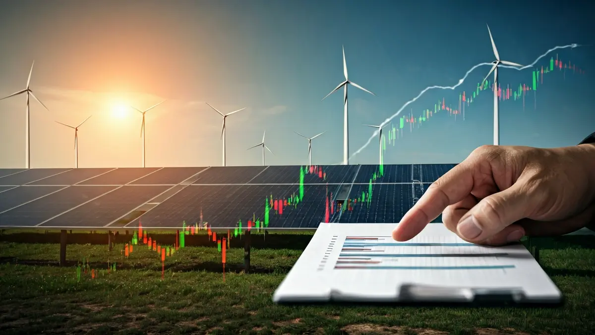 Generic image of a hand pointing at an energy consumption graph, with renewable energies in the background.