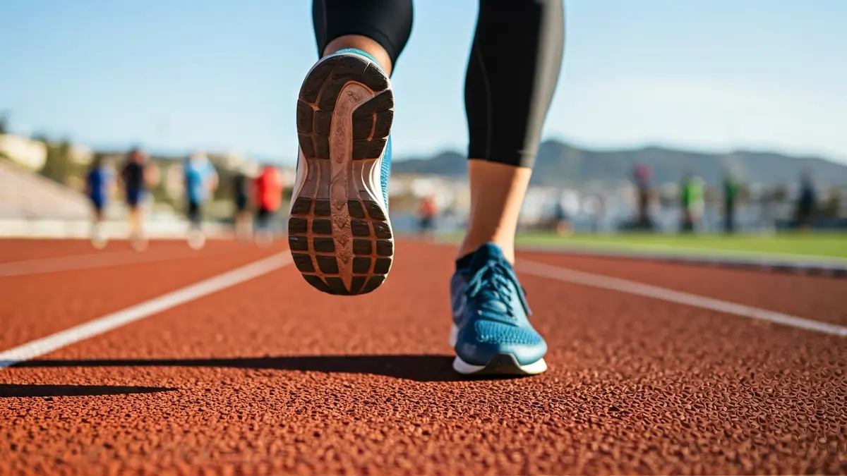 Imagen genérica de pies con zapatillas deportivas en una pista de atletismo.