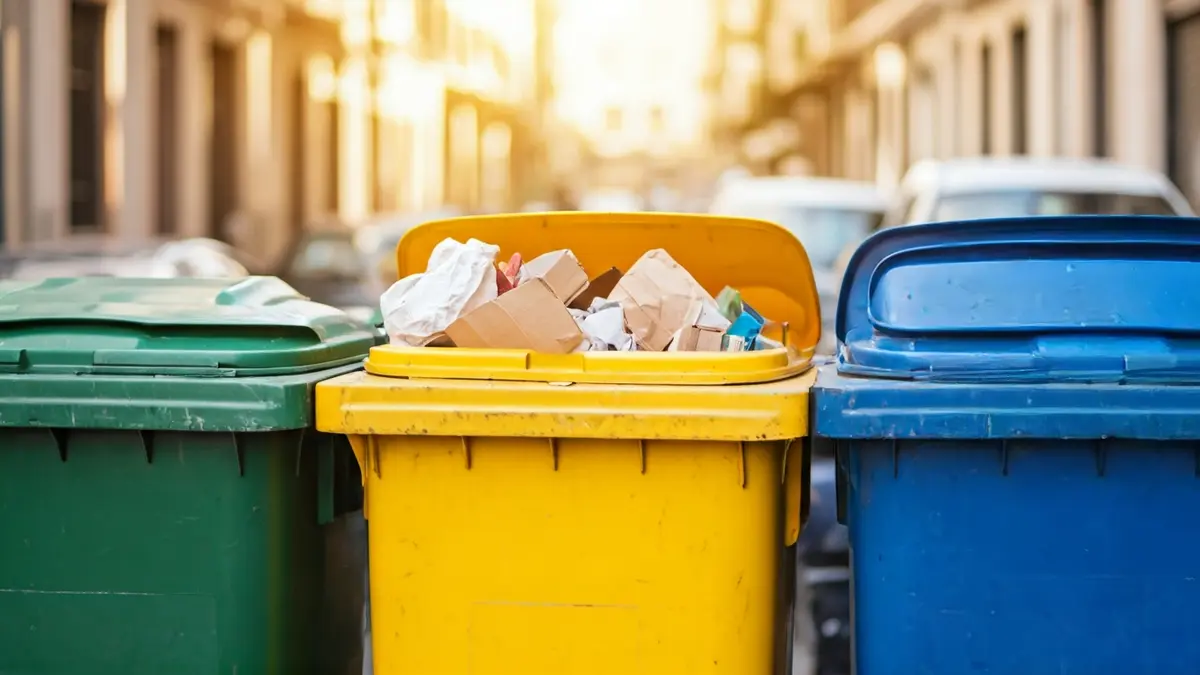 Imagen genérica de contenedores de reciclaje llenos de vidrio, envases y papel en un entorno urbano.