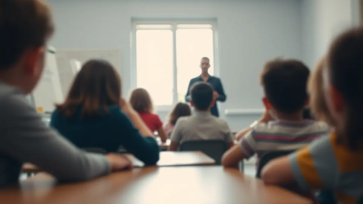 Imagen genérica de un aula escolar con estudiantes y un profesor.