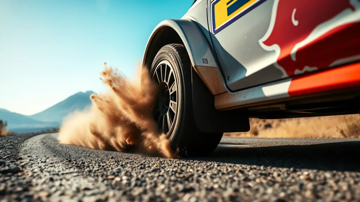 Imagen de un coche de rally en acción, levantando polvo en una carretera canaria.