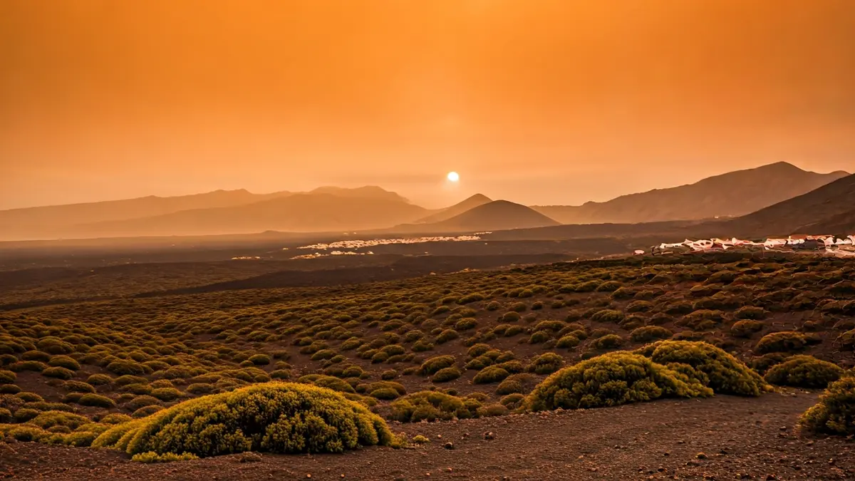 Generic image of a calima-covered sky over a Canarian volcanic landscape.