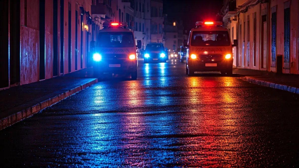 Imagen genérica de luces de emergencia reflejadas en asfalto mojado, simbolizando una situación de riesgo o alerta meteorológica.