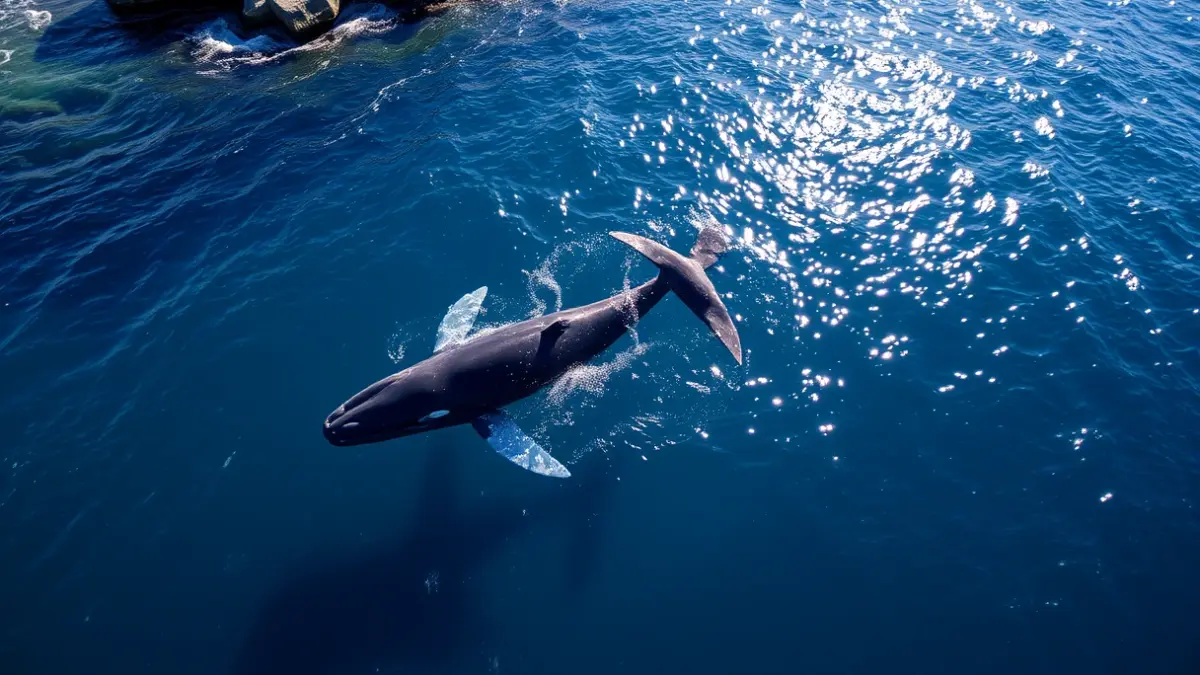 Image of a humpback whale and its calf swimming in the waters of El Hierro.