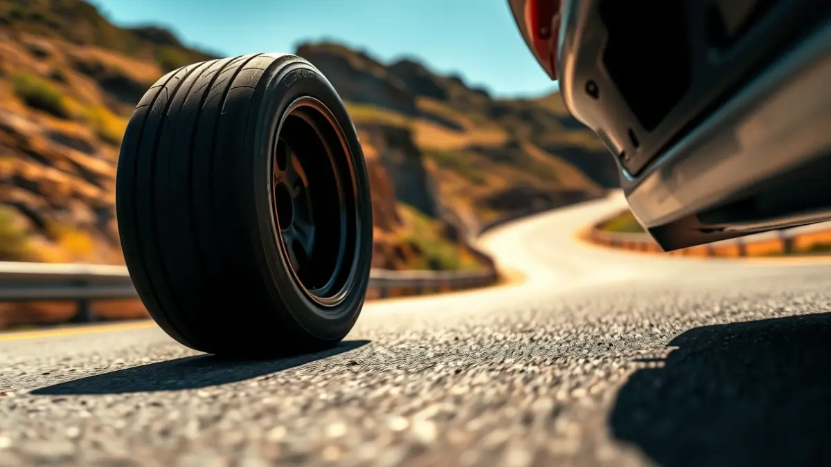 Imagen genérica de un neumático de coche de rally en asfalto, con un paisaje montañoso borroso de fondo.