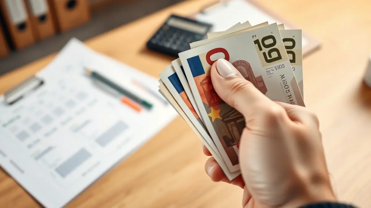 Imagen genérica de una mano sosteniendo billetes de euro, con documentos oficiales de fondo.