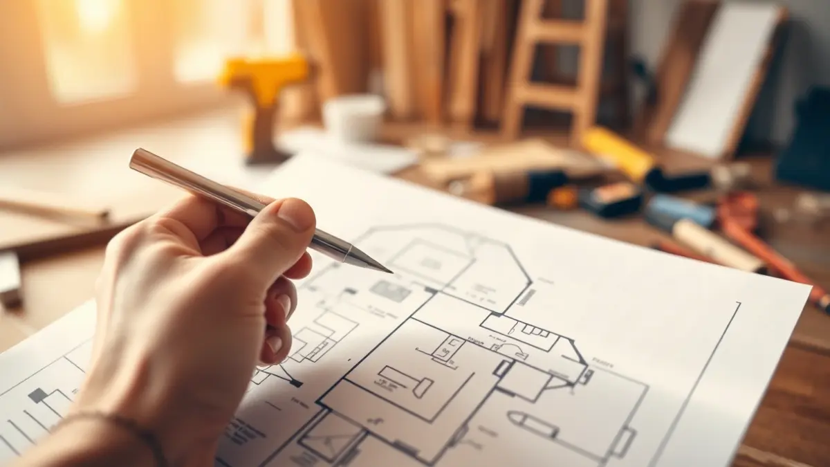 Imagen genérica de una mano señalando un plano de reforma de vivienda.