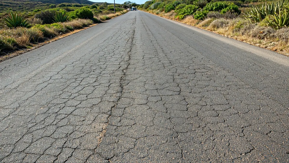 Imagen de una carretera deteriorada con baches y parches irregulares.
