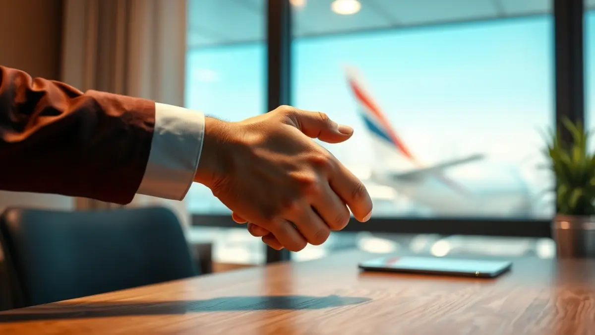 Image of two hands shaking, with a blurred airplane wing in the background, symbolizing a strategic alliance.