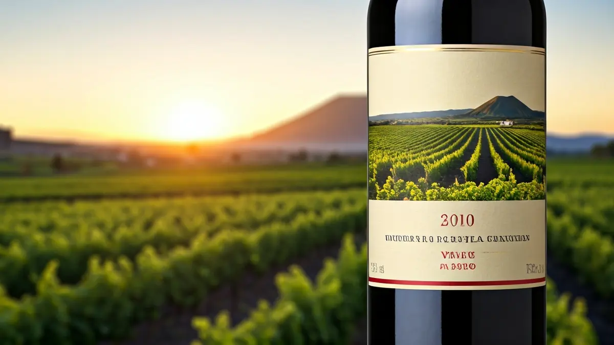 Figuero wine bottle with vineyards in the background and a subtle volcanic landscape.