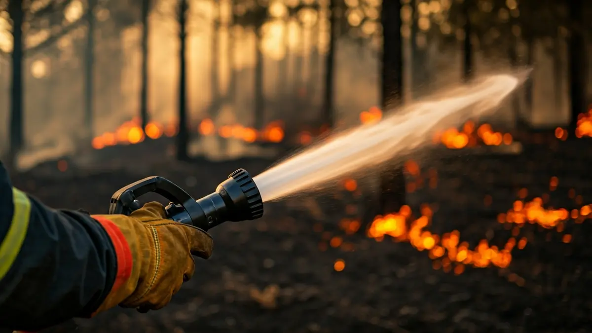Image of a forest firefighter's hands holding a hose, with fire and smoke in the background.
