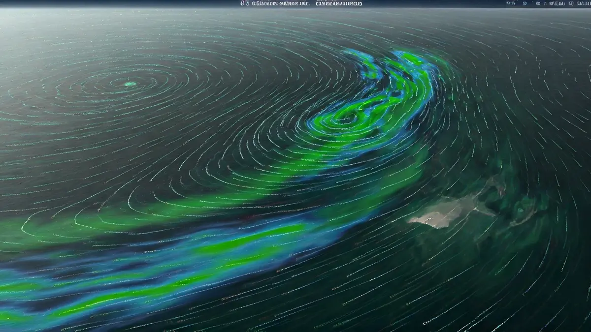 Image of a weather map with winds and storm clouds over the Canary Islands.