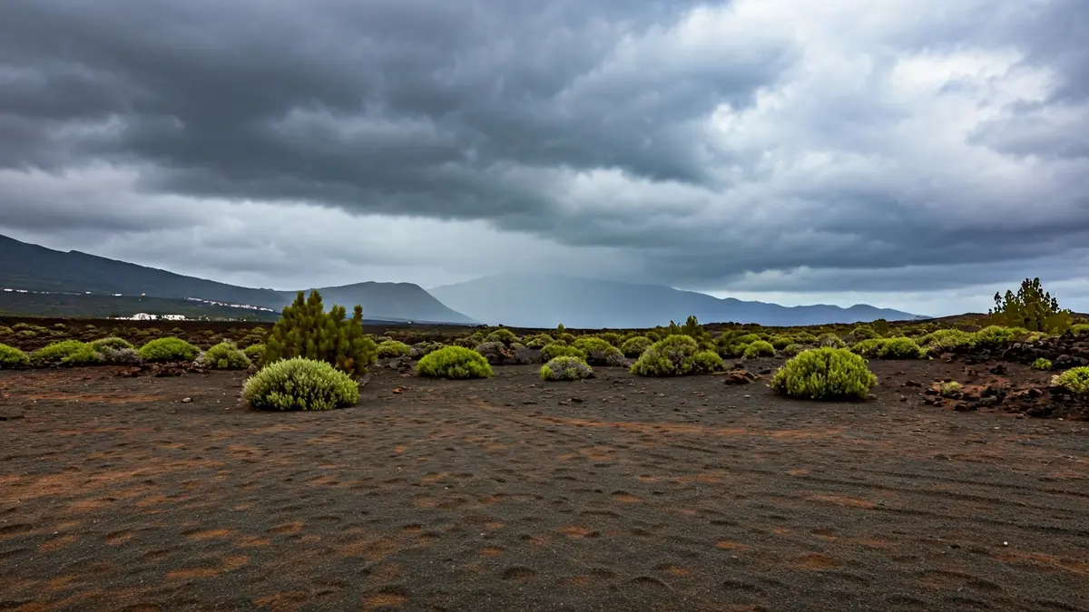 Image of a cloudy and rainy sky over a volcanic landscape in Tenerife, with potential for mud rain.