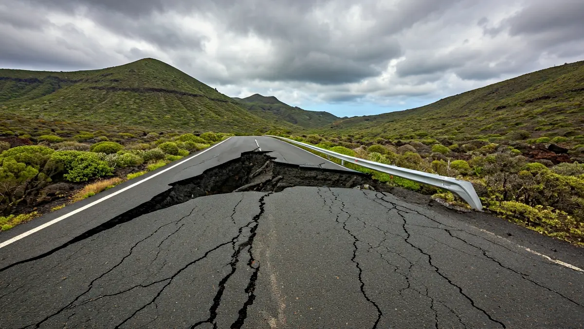 Imagen de una carretera dañada por una tormenta en Tenerife.