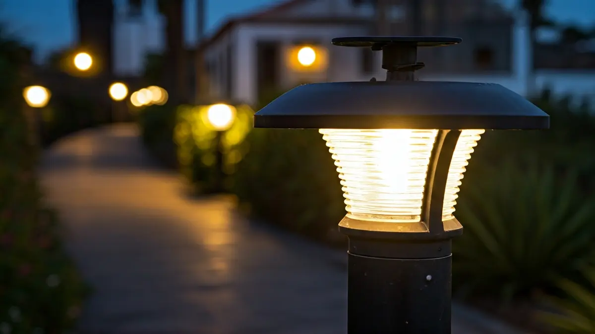 Generic image of a solar street lamp illuminating a neighborhood path in the Canary Islands.