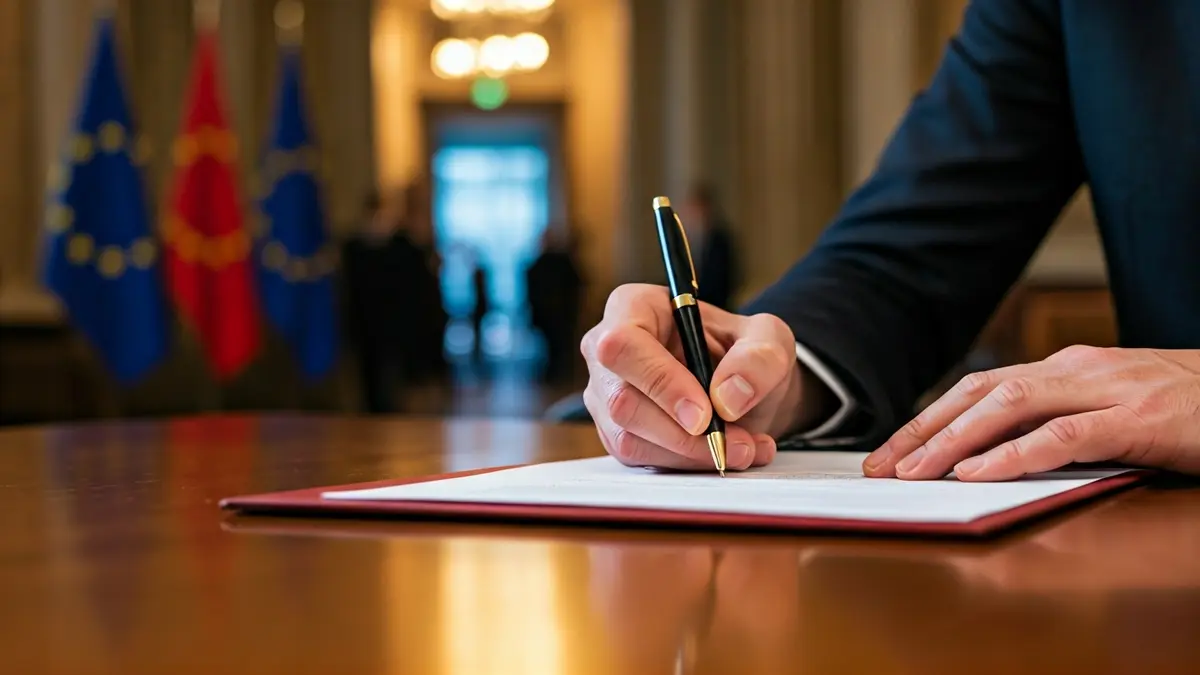 Image of hands signing a document in an official European Union setting.