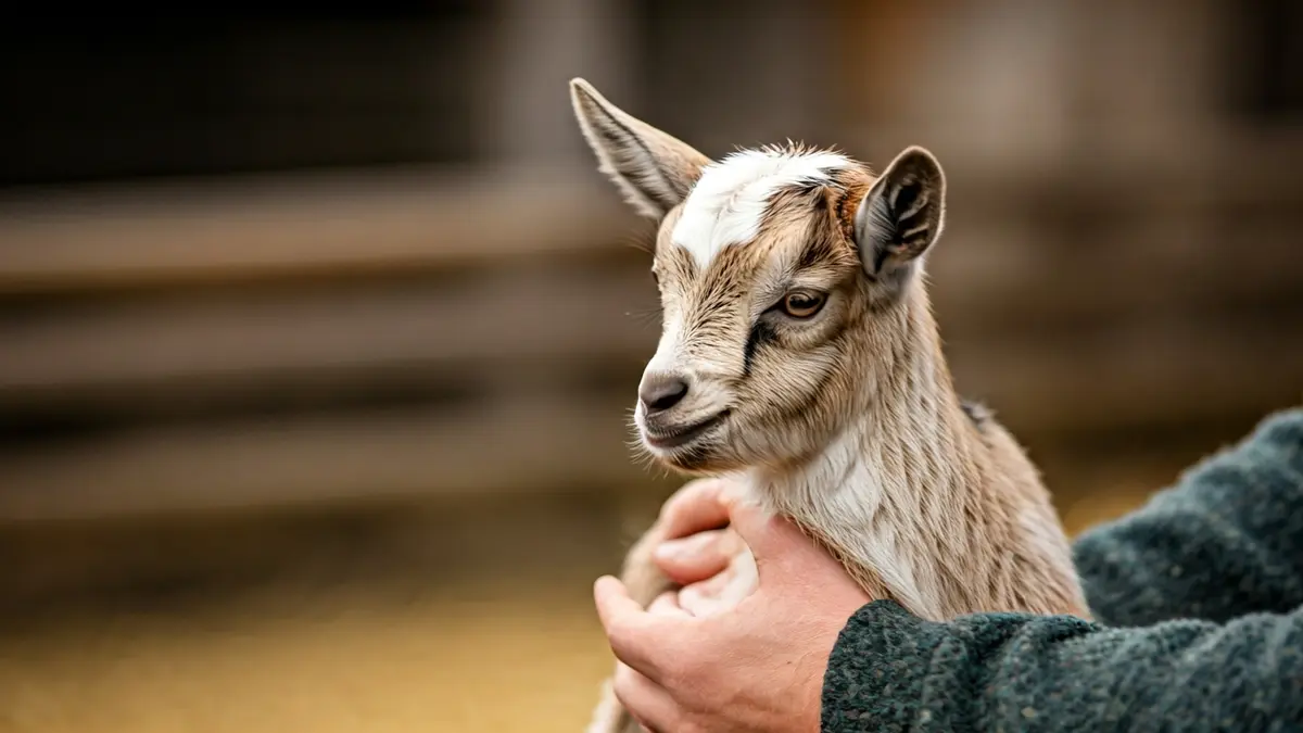 Young farmer with a goat on a farm
