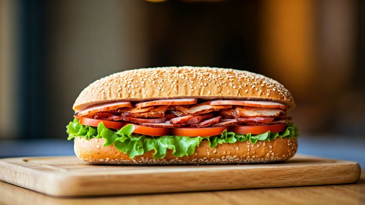 Imagen genérica de un bocadillo grande y bien relleno en una cafetería.