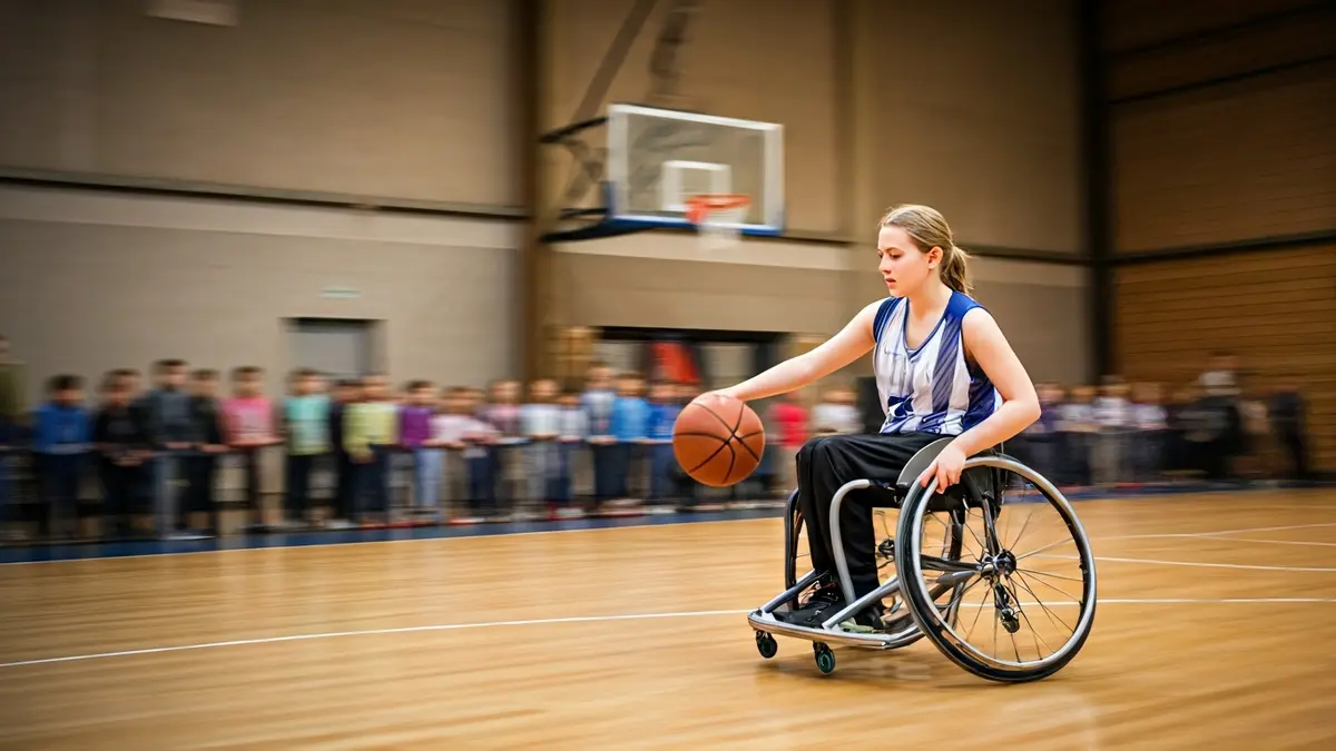 Imagen de un jugador de baloncesto en silla de ruedas en una cancha, con niños observando en el fondo.