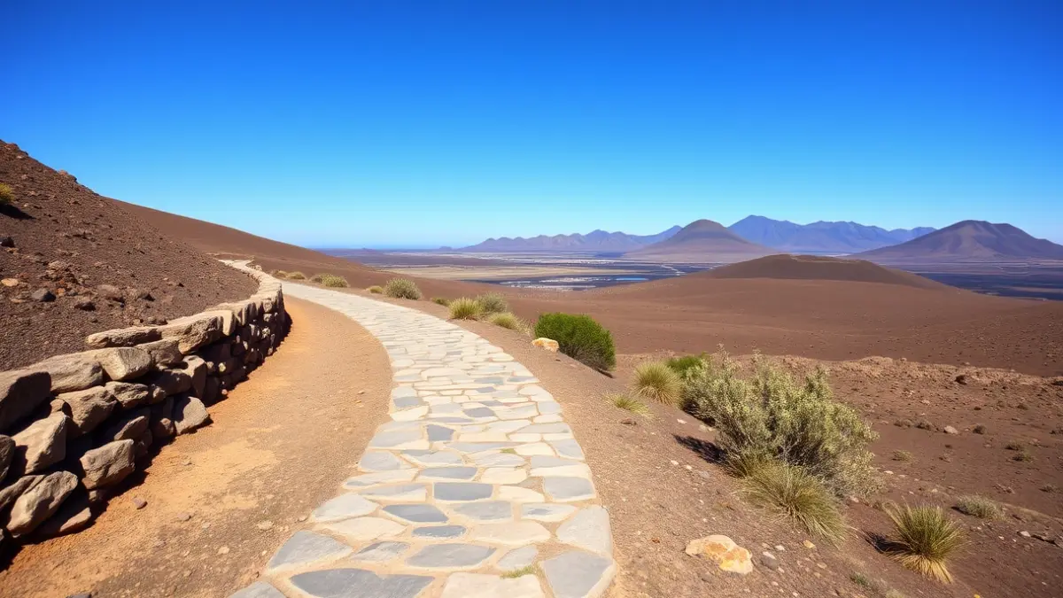 Imagen de un camino histórico en las Islas Canarias, con piedras y vegetación volcánica.