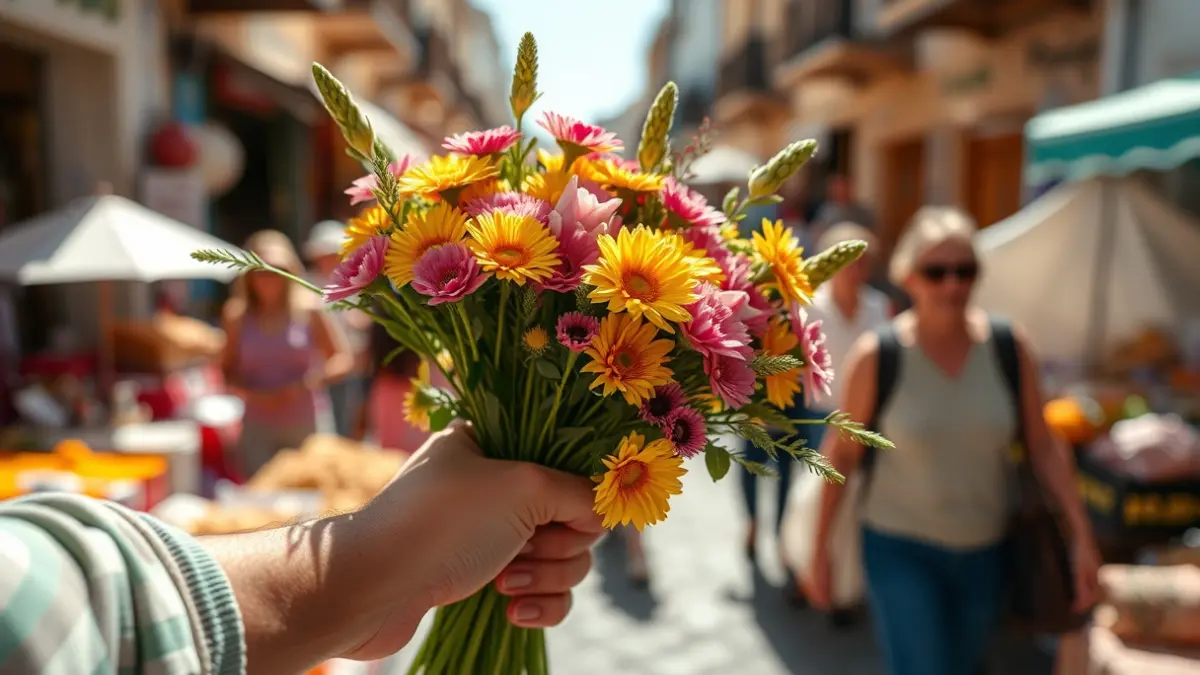Generic image of a bouquet of flowers being handed over in an urban setting.