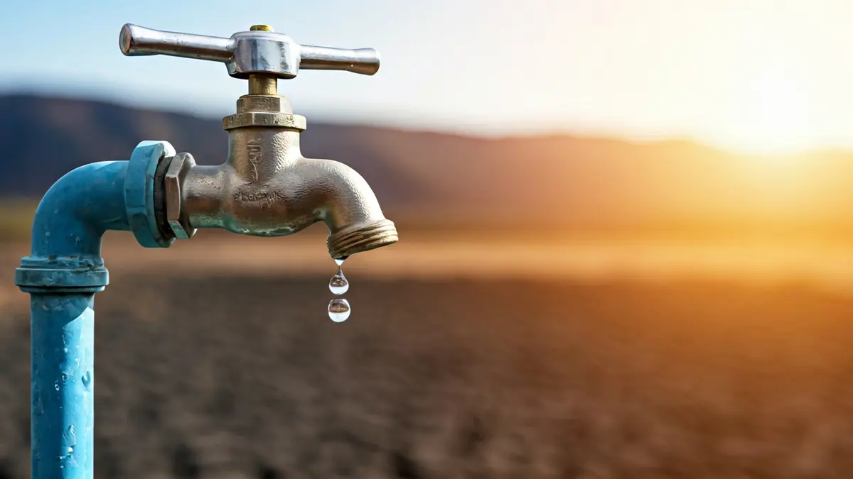 Generic image of a dripping water tap in an arid landscape, symbolizing water management.