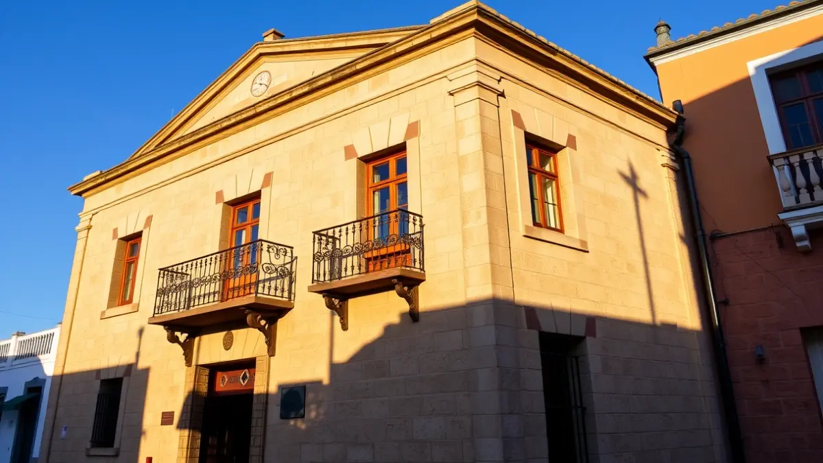 Fachada de un ayuntamiento tradicional canario con balcón y barandillas de hierro, bajo la luz del sol de la tarde.
