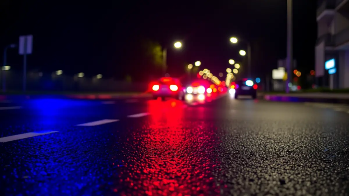 Generic image of emergency lights reflecting on wet asphalt, symbolizing a weather alert.