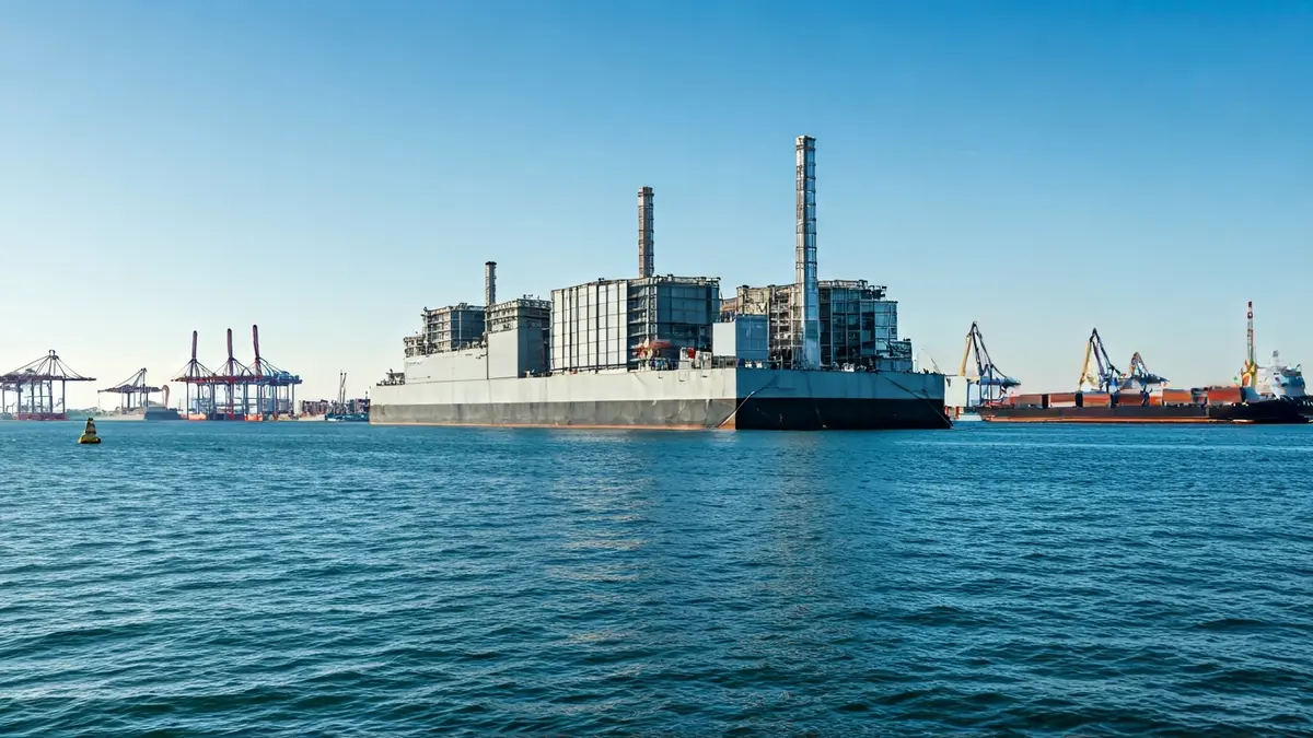 Imagen de una central eléctrica flotante en un puerto con actividad industrial.