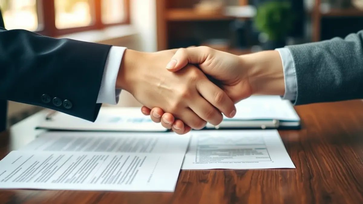 Generic image of an agreement or contract, with two hands shaking over a desk.