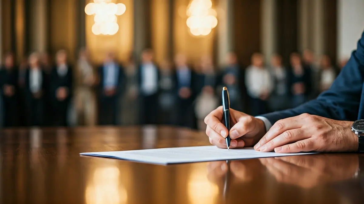 Imagen genérica de manos firmando un documento oficial, simbolizando la aprobación de una ley.