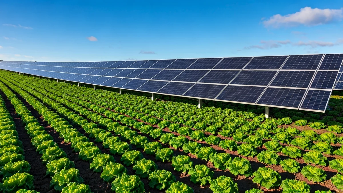 Cultivos de lechugas bajo paneles solares en un campo canario.