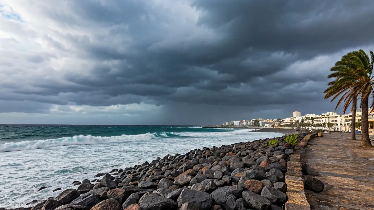 Imagen genérica de un cielo nublado y olas en la costa de Canarias durante una borrasca.