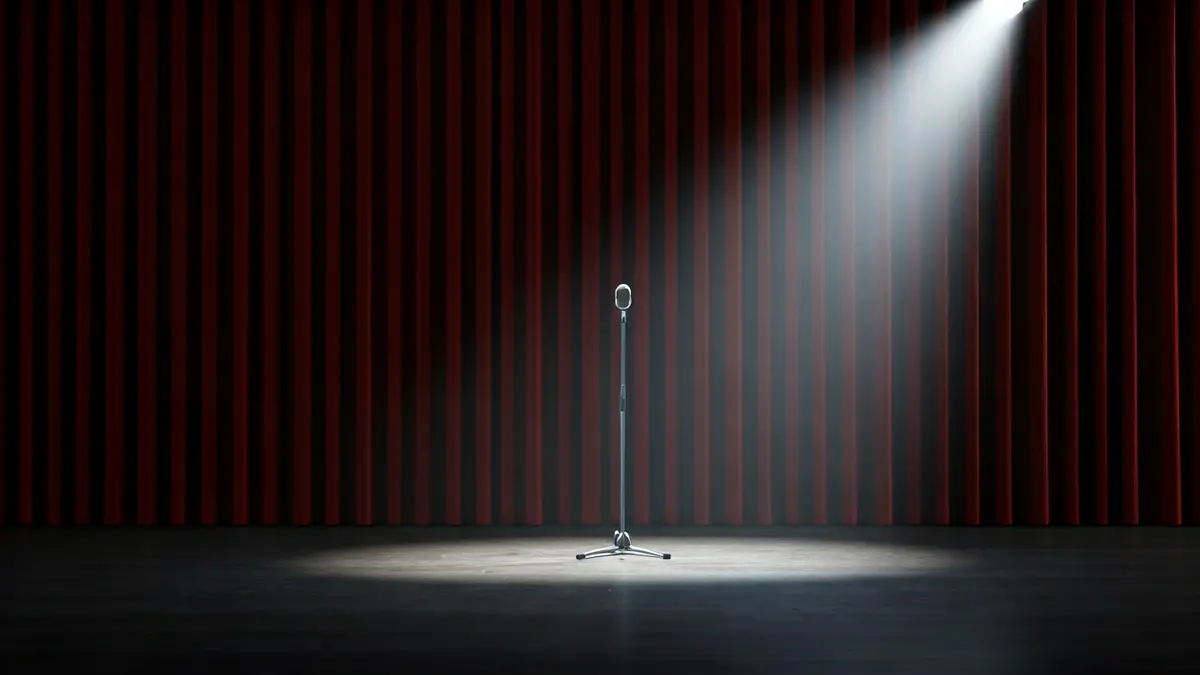 Imagen genérica de un escenario de teatro con un micrófono y cortinas rojas.
