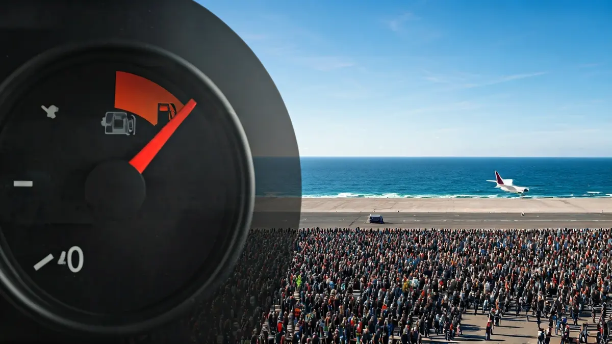 Image of a fuel gauge showing low levels, with an airplane and ocean in the background.