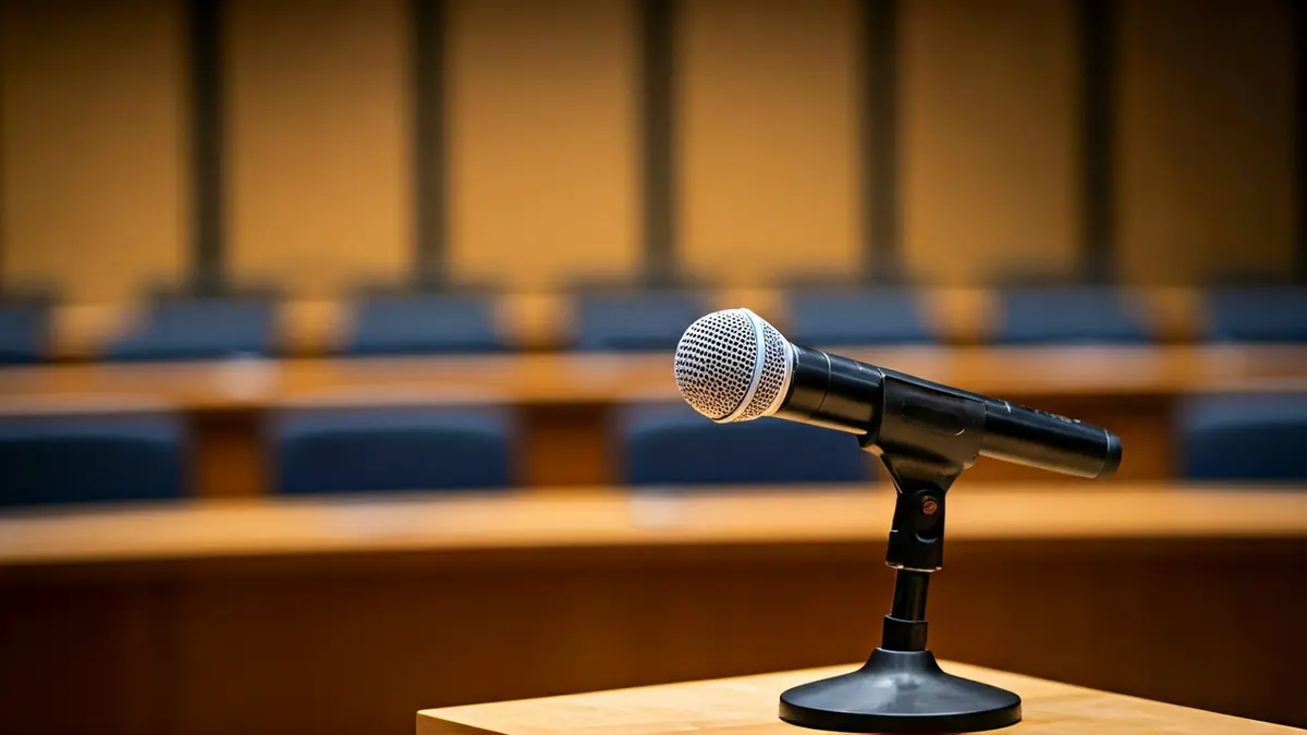 Generic image of a microphone on a podium, symbolizing a space for listening and support.